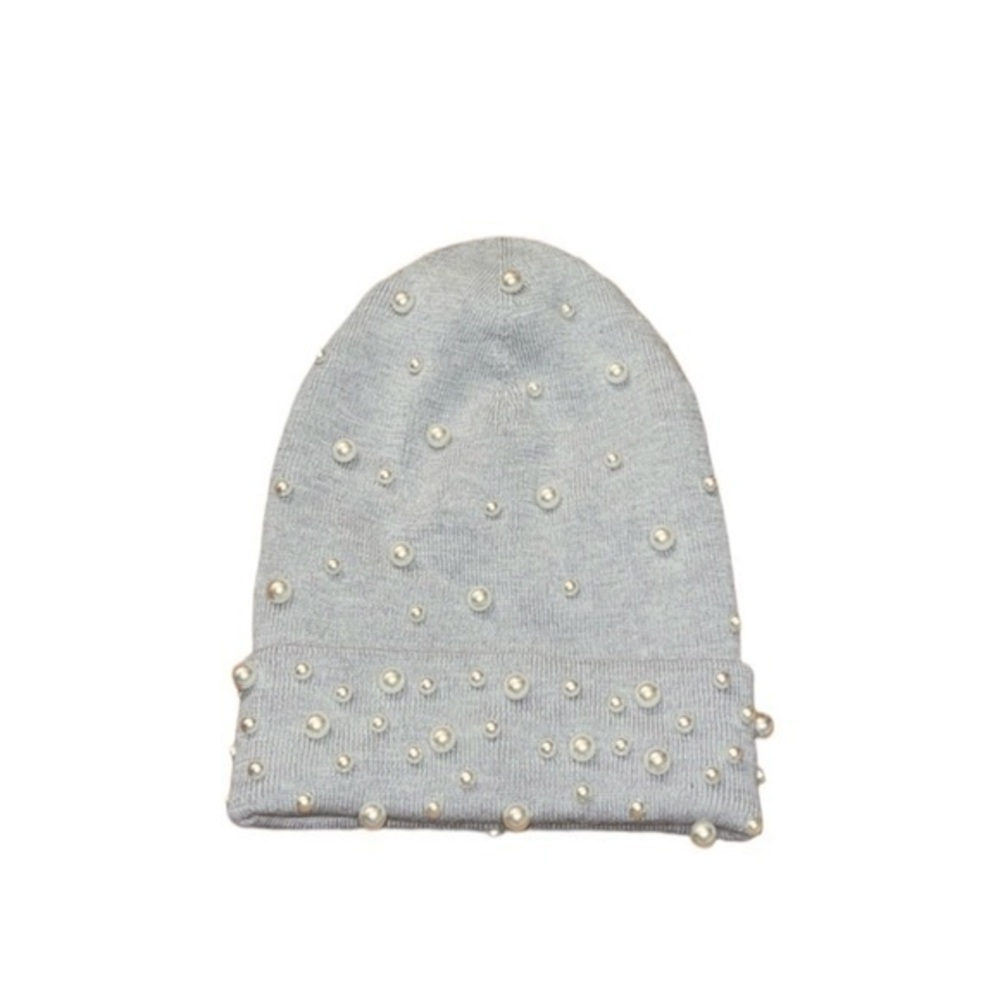 REGINA Italian 100% Wool‎ All Over Pearl Accents Gray Beanie Hat Size XL